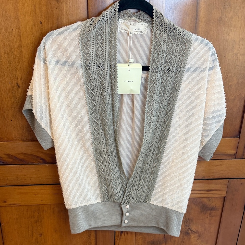 NW Areve Cream/Gray Textured Sheer w/Lace Cardigan, M -Shabby Chic, Cottagecore
